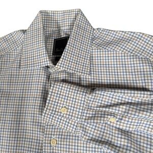 David Donahue Dress Shirt Mens 16 34/35 Trim Fit Blue Brown Check 100% Cotton